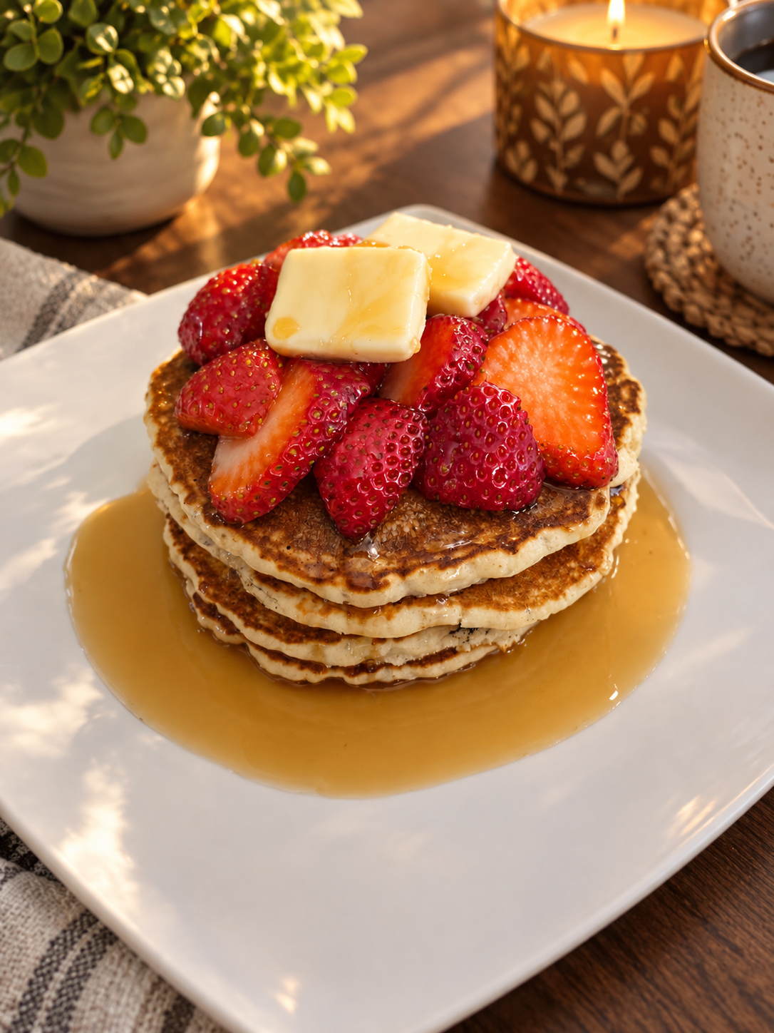 A tall stack of golden pancakes topped with fresh strawberries, butter and syrup